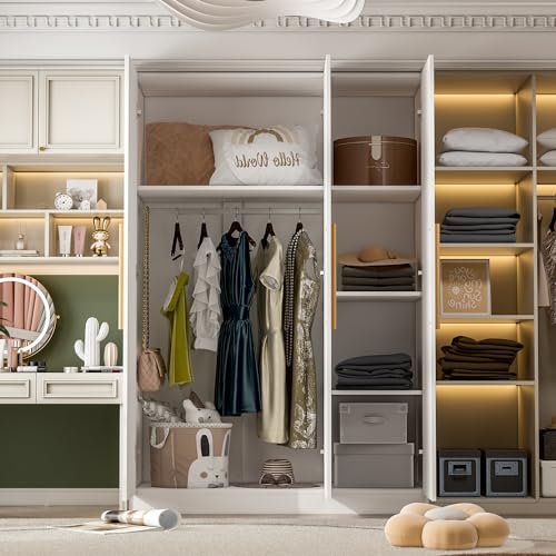 Large Armoire Wardrobe with 3 Doors, 1 Top Storage Space, 1 Hanging Space, 4 Closed Shleves, Clothes Organizer for Bedroom, White (47.2”W x 18.9”D x 70”H)