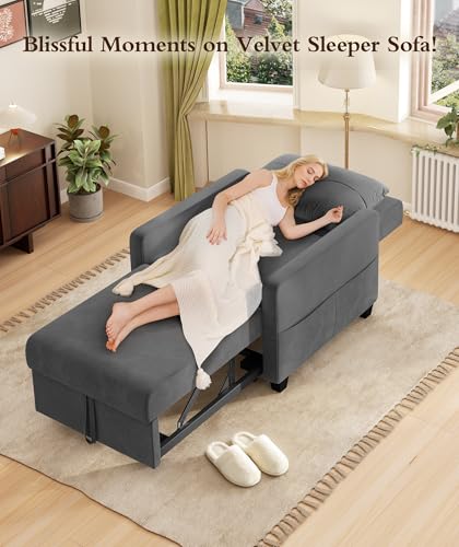 Sleeper Sofa Chair, 3 in 1 Convertible Sleeper Chair with Adjustable Backrest, 32" Pull Out Couch Bed 400lbs Support, Comfy Velvet Small Sofa Bed for Small Space with Pillow & 2 Pockets, Blue