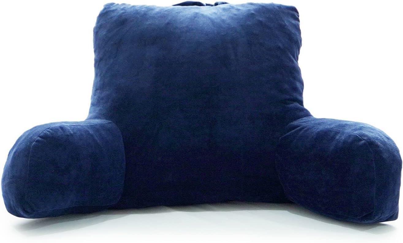 Reading Pillow with Arm Rests, Ultra Soft Fabic Bed Rest Pillow with Convenient Handle and Pocket, Great as Backrest for Reading, Gaming, Relaxing or Watching TV/Sitting in Bed (Blue)
