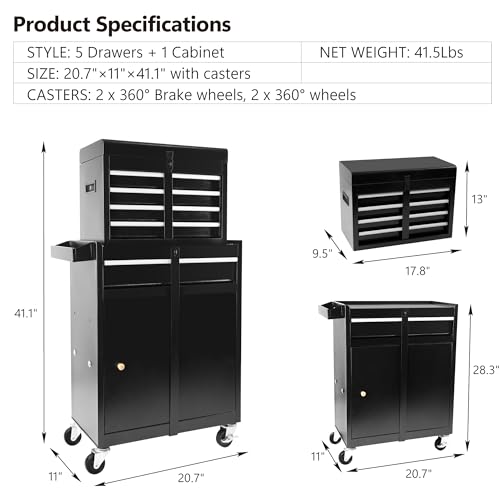 Rolling Tool Chest, 5-Drawer Rolling Tool Storage Cabinet with Detachable Top Tool Box, Liner, Universal Lockable Wheels, Adjustable Shelf, Locking Mechanism,Tool Cart for Garage Workshop