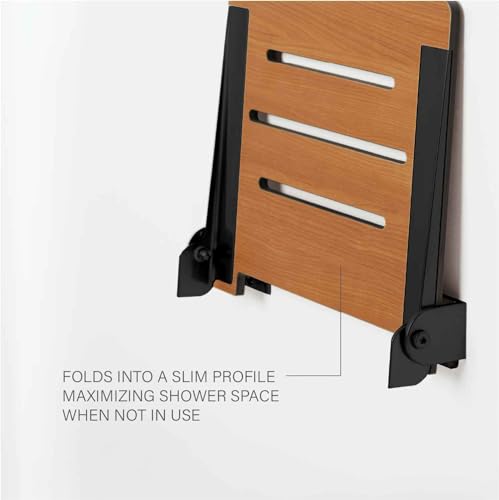 Seachrome 18 inch Silhouette Slimline Folding Wall Mount Shower Bench Seat, Rustic Teak Seat with Silver Frame
