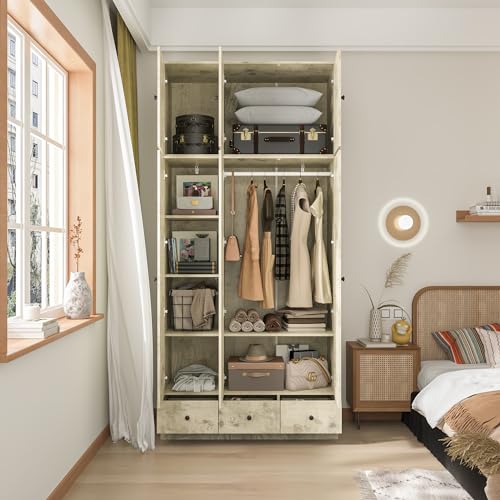 ECACAD Large Wardrobe Armoire with Multi-Tier Shelves, 3 Drawers, Hanging Rod & 3 Louver Doors, Wooden Closet Storage Cabinet for Bedroom, Light Brown (44.3”W x 19”D x 70.9”H)