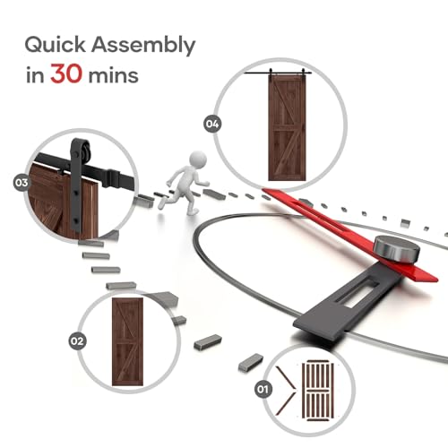 36x84 inch Sliding Barn Wood Door Slab with 6.6ft Hardware Kit and Handle, Coffee, K Shape, Simple DIY Assembly
