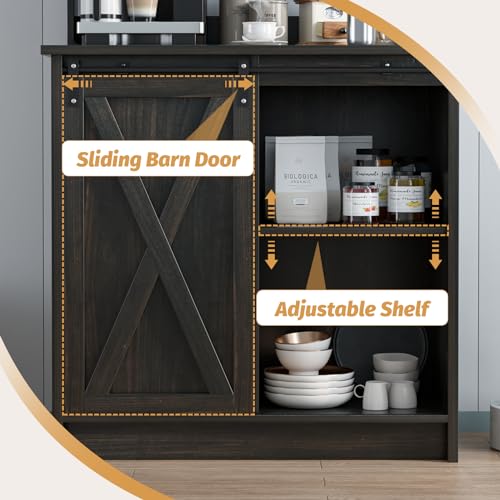 4ever2buy Farmhouse Coffee Bar Cabinet, Buffet Sideboard Storage Cabinet,White Coffee Bar Table with Sliding Barn Door & Adjustable Shelf for Living Room