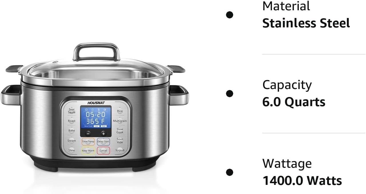 Slow Cooker, HOUSNAT 10 in 1 Programmable Cooker, 6Qt Stainless Steel, Rice Cooker, Yogurt Maker, Delay Start, Steaming Rack and Glass Lid, Adjustable Temp&Time for Slow Cook with Digital Timer