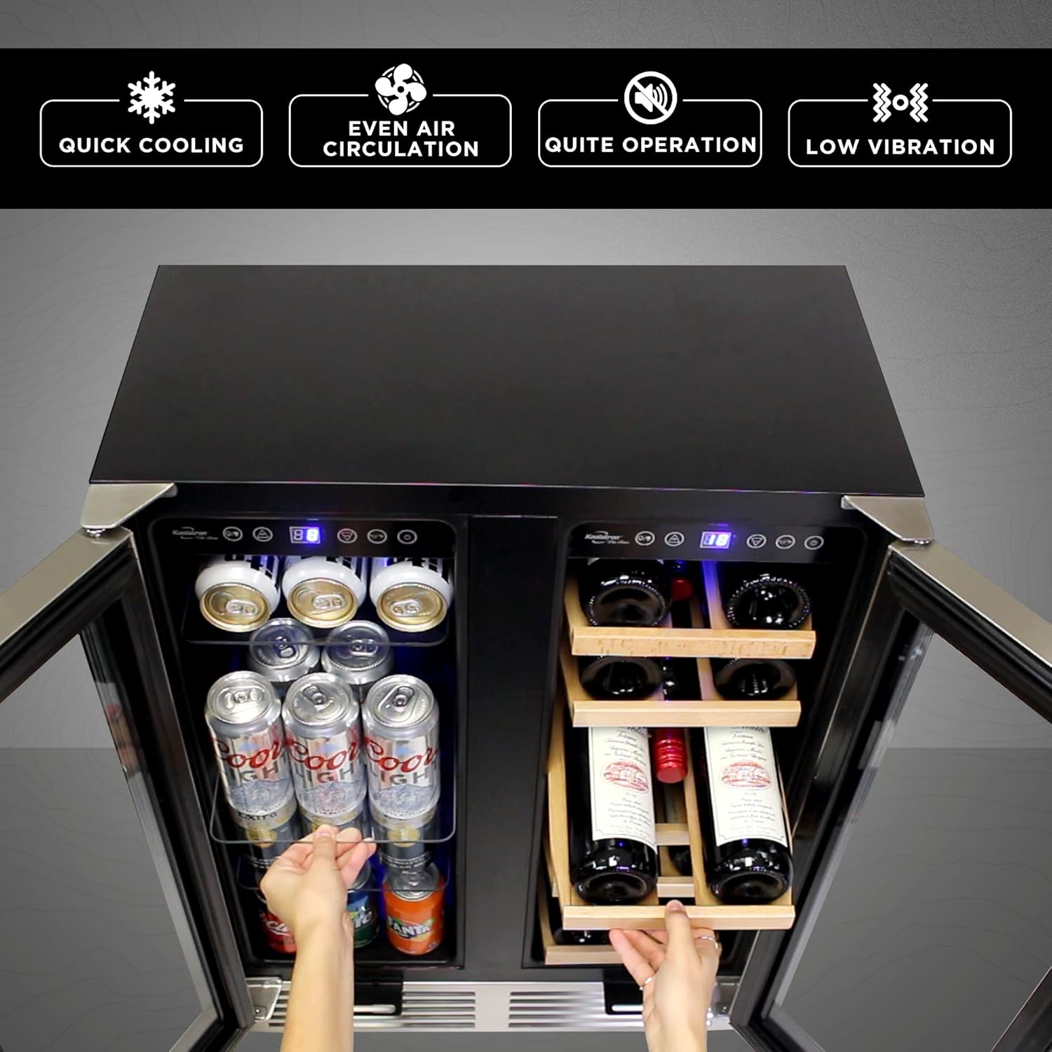 Koolatron 24 In Built-In Under-Counter Dual Zone French Door Wine and Beverage Fridge w/lock, 56 Can and 18 Bottle Capacity, Digital Temperature Control, Stainless Steel Door Frame Wine Cooler