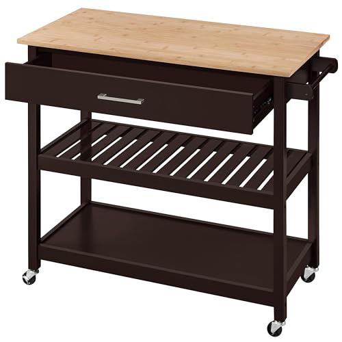 Topeakmart Kitchen Island Cart on Wheels, Rolling Microwave Cart with Storage Drawer Towel Rack Lower Shelf Natural Wood Countertop Stand