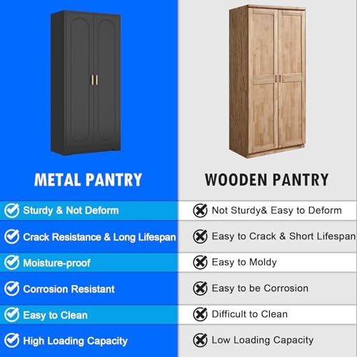 Metal Storage Cabinet with Doors and Shelves, 71 Inch Tall Kitchen Pantry Cabinet, Pantry Cabinets for Kitchen Storage, Freestanding Cupboard for Living, Dining Room, White, Assembly Required