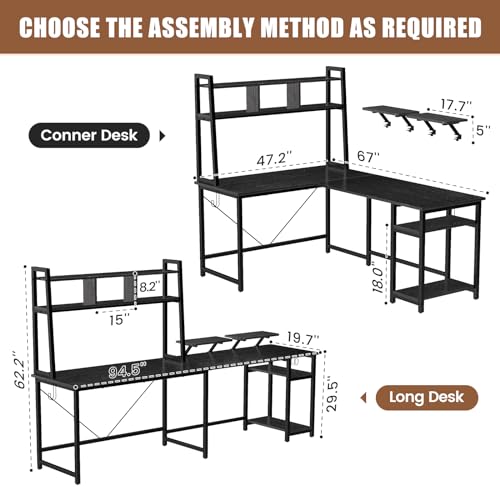 L Shaped Desk Gaming Desk with Hutch, Reversible 94.5” Corner Computer Desk with 1 Monitor Stand & Storage Shelves, Home Office Desk with LED Lights & Power Outlets for Home Office (Rustic Brown)