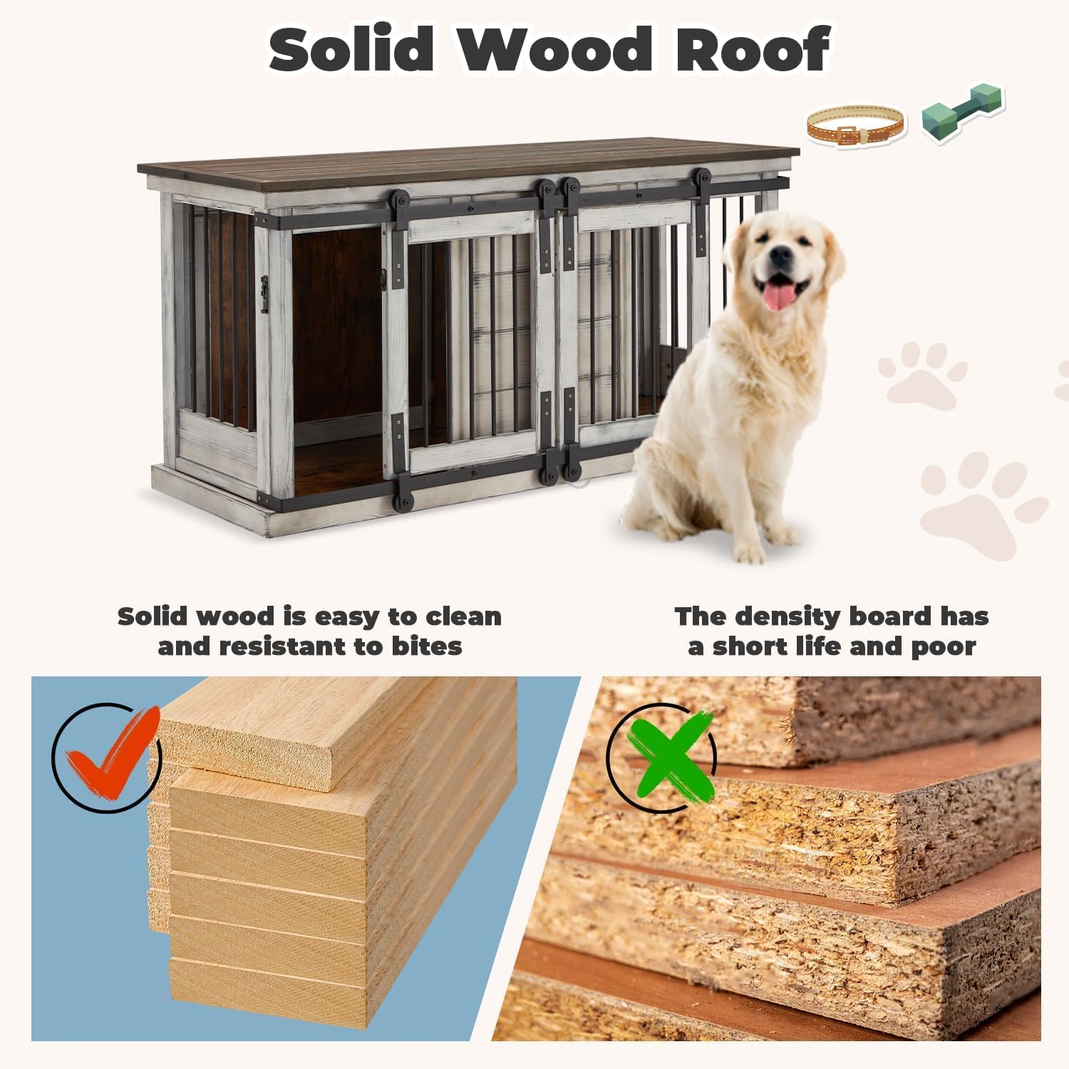 Solid Wood Dog Crate Furniture, 62.5'' Wooden Dog Crate with Removable Divider, Indoor Dog Kennel TV Cabinet, Dog Crates Furniture for 2 Small Medium Dogs, White