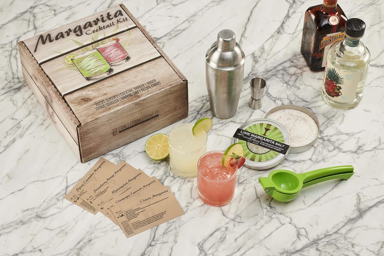 Margarita Cocktail Kit - Set of Rocks Glasses | Stainless Cocktail Shaker & Jigger | Citrus Squeezer | Rokz Lime Infused Margarita Salt | Recipe Cards. Accessories to Craft Perfect Margaritas at Home!
