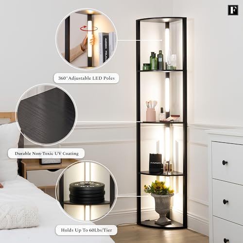 FENLO Fancy - LED Display Shelf with Dimmable Lights, LED Shelf Floor Lamps for Living Room, Sturdy Corner Shelf Curio Cabinet Display, Tall Floor Lamps with Shelves