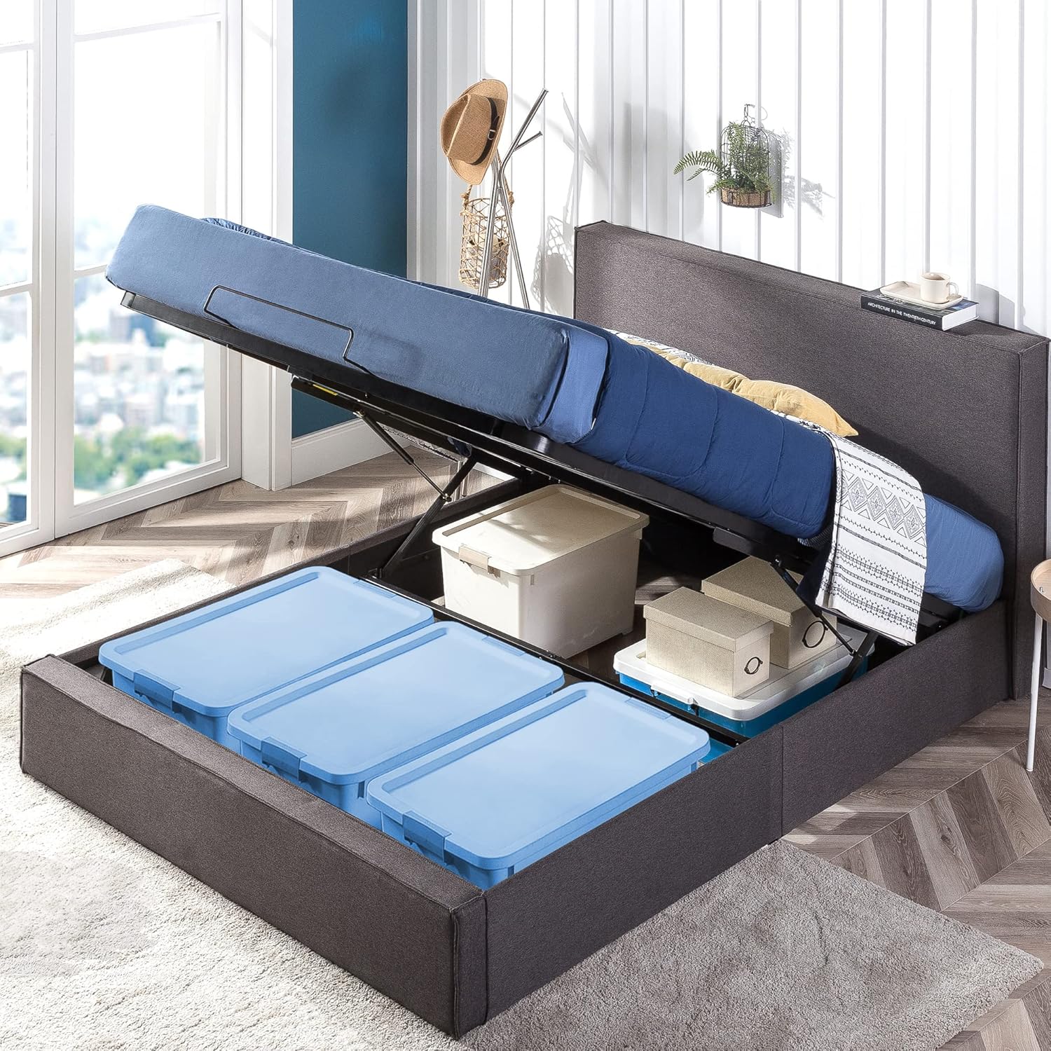 ZINUS Finley Upholstered Platform Bed Frame with Lifting Storage / Hydraulic Lifting Under Bed Storage / No Box Spring Needed / Easy Assembly, Queen
