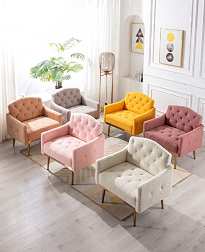 SSLine Upholstered Modern Velvet Accent Chair,Button Tufted Single Sofa Chair with Arms and Golden Finished Metal Legs,Mid-Century Armchairs for Living Room Bedroom Home Office Guest Areas(Rose Red)