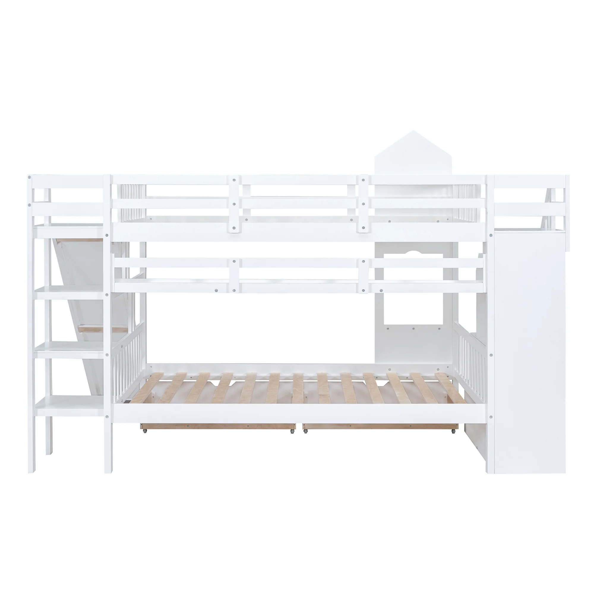 Bellemave Kids Castle Bunk Bed with Storage Drawers, Shelf, Slide and Safety Guardrail, Full Over Full Bunk Bed with Stairs, Castle Bunk Bed/Playhouse Bed for Girls, Boys, Kids (White)