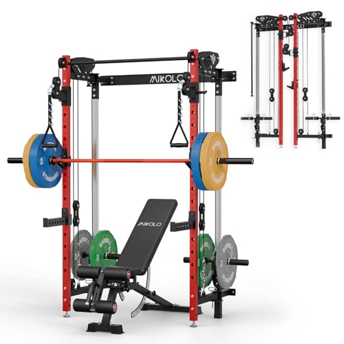 Mikolo Folding Squat Rack, Wall Mounted Power Rack with Cable Crossover Machine & LAT Pull Down, Functional Trainer with 5 Adjustable Function Modes, for Home Gym and Space Saving