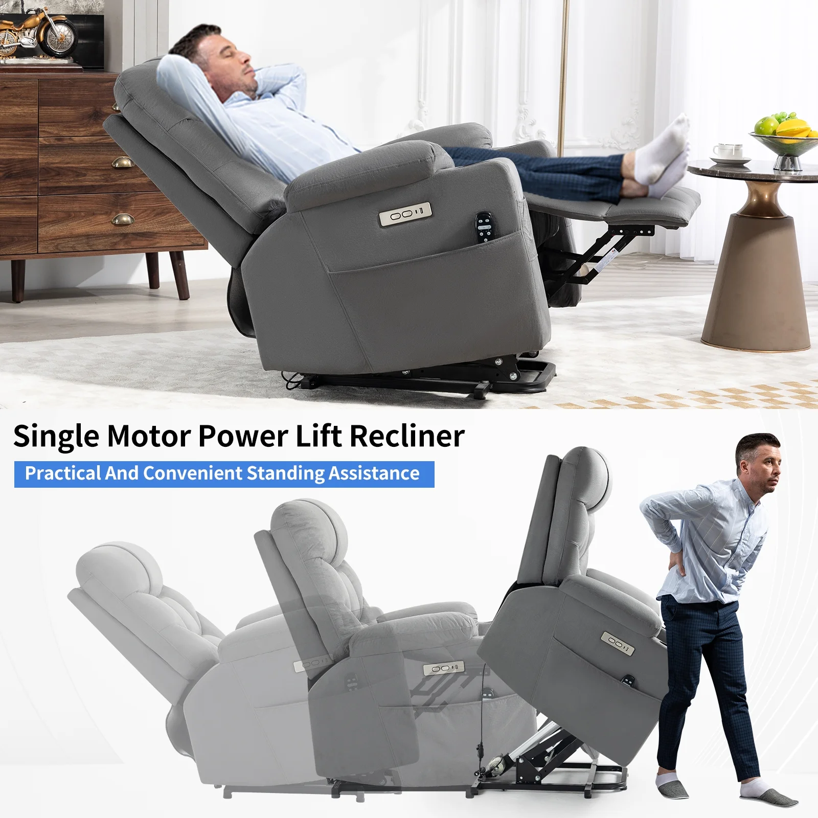 Power Lift Recliner Chair for Elderly with Removable Cover,Extra Wide Recliner Massage Chair for Big and Tall People with Heated,USB Charge Port,Cup Holders(Grey)