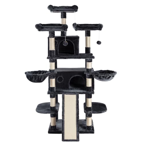 SHA CERLIN 68 Inches Multi-Level Cat Tree Tower with Condo, Plush Perches, Scratching Posts, Hammocks, and Play House, Beige