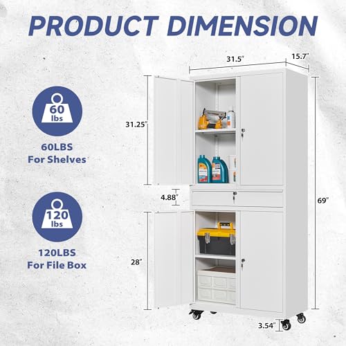 Metal Storage Cabinet with Wheels, Garage Storage Cabinet with Locking Draw and Adjustable Shelf, Tool Storage Cabinet for Garage, Home, Office, Gym, School (White, On Wheels)