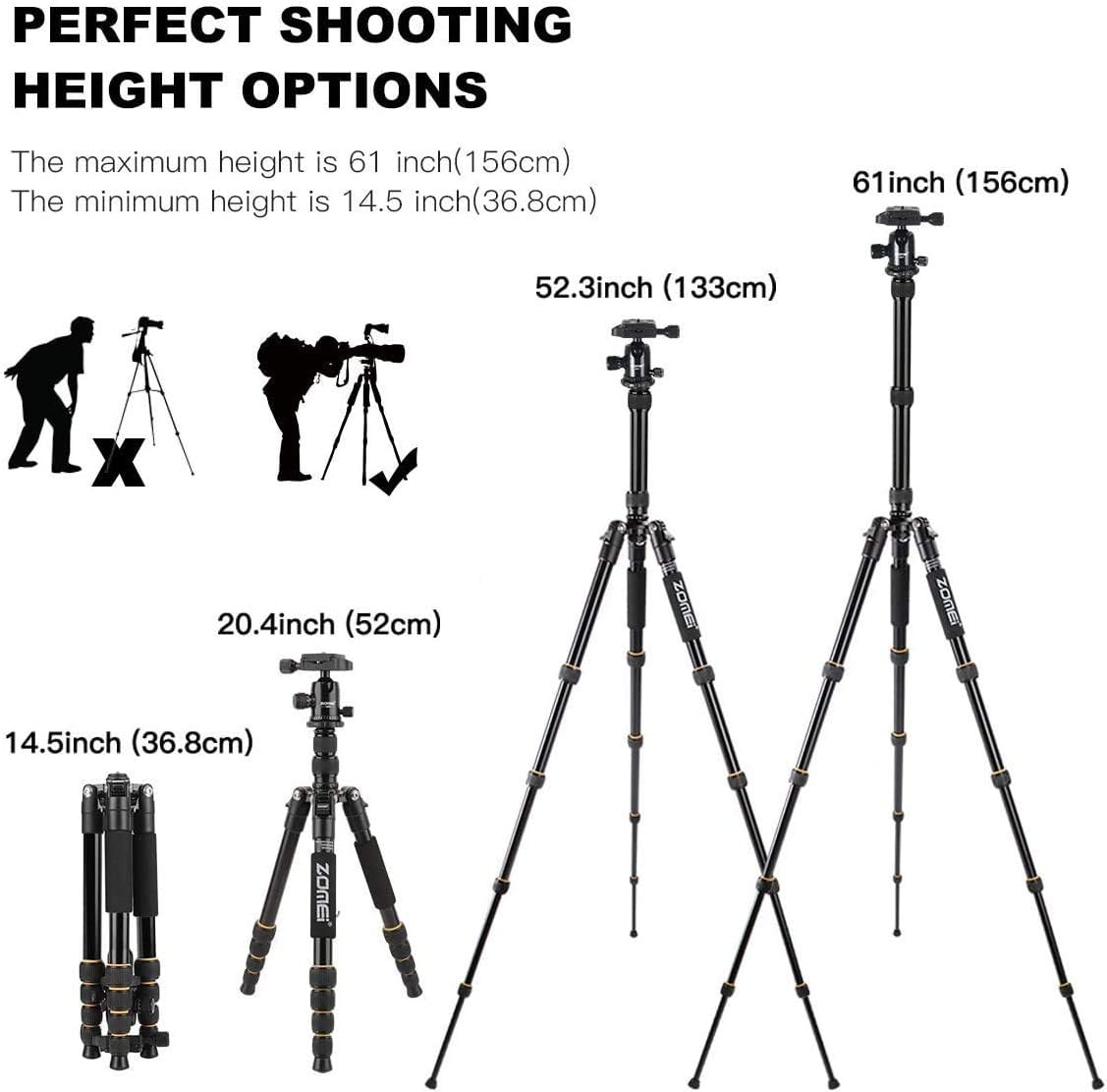 ZOMEi Camera Tripod 62 Light Weight DSLR Tripod with Ball Head Quick Release Plate and Carrying Case (Aluminum Tripod)