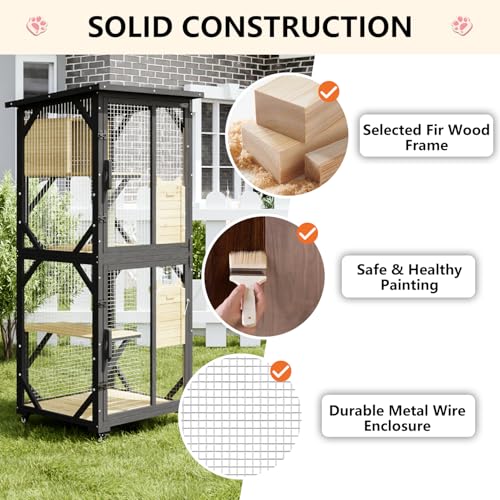 LEMBERI Cat House Outdoor Catio Cat Enclosures on Wheels, 71" Large Outside Patio Wooden Cat Cage Resting Box,Scratching Post, Waterproof Roof (Gray, 71")