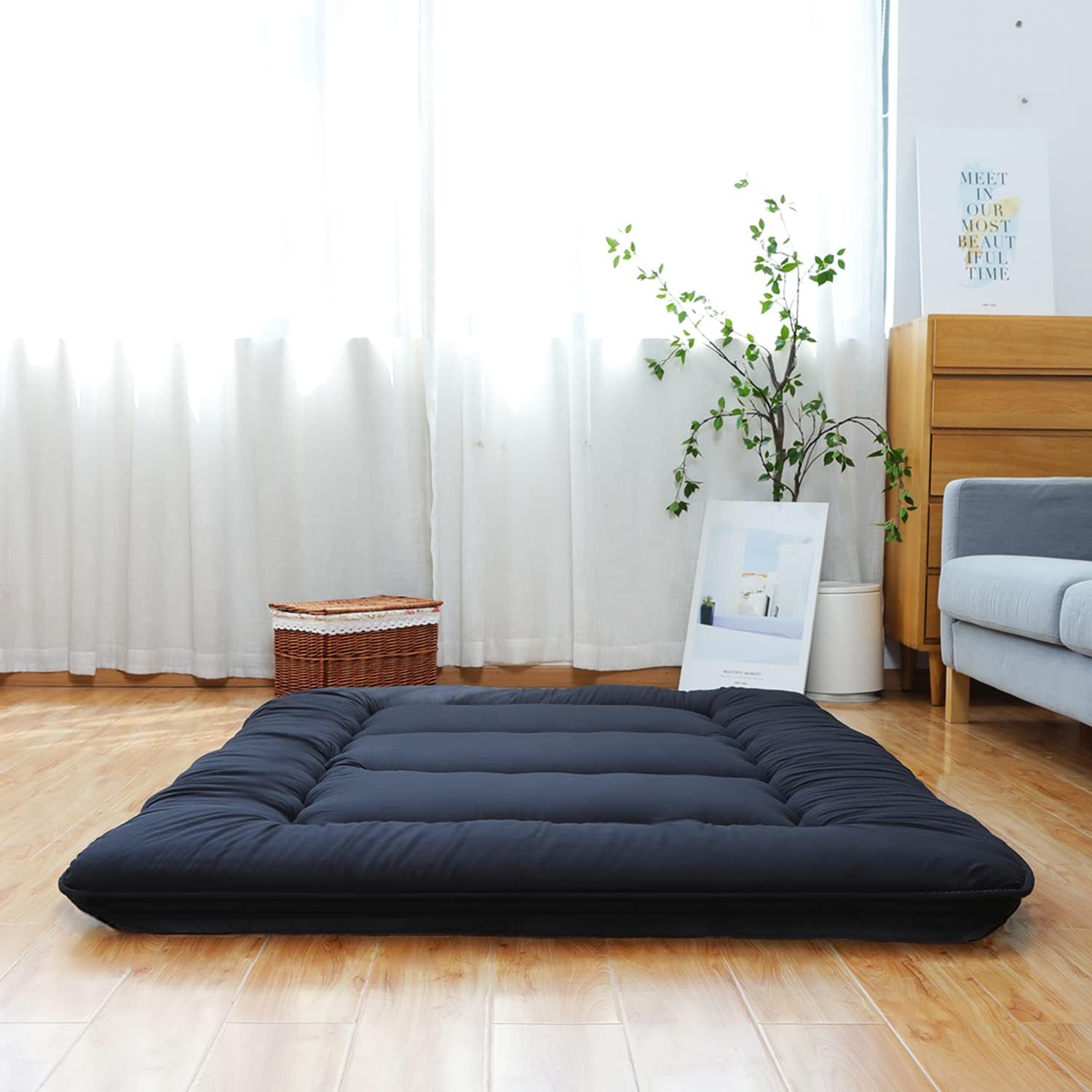 XICIKIN Japanese Floor Mattress, Japanese Futon Mattress Foldable Mattress, Roll Up Mattress Tatami Mat with Washable Cover, Easy to Store and Portable for Camping, Gray, Twin Full Queen