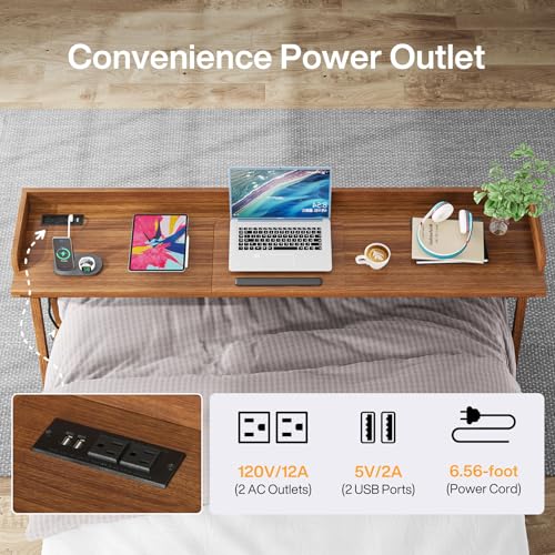 Tribesigns Overbed Table, 70.9" Queen Size Bed Table Over Bed Desk with Adjustable Tilt Board, Mobile Laptop Cart Computer Desk with 2 AC Outlets & 2 USB Ports on Wheels for Home/Hospital