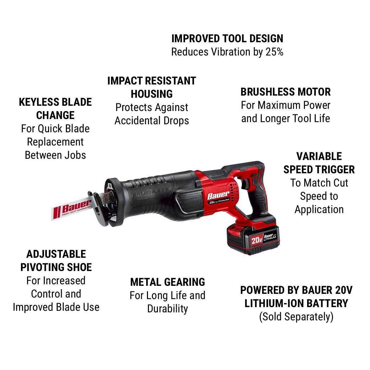 Bauer 20V Brushless Cordless Reciprocating Saw - Shop Hardware Tools Online Store