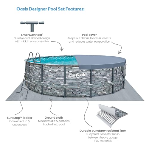 Funsicle 14' x 42" Oasis Designer Round Frame Above Ground Outdoor Swimming Pool Set with SkimmerPlus Filter Pump, Ladder, and Pool Cover, Gray