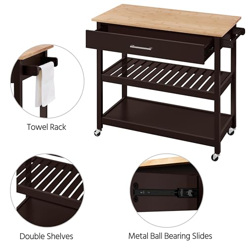 Topeakmart Kitchen Island Cart on Wheels, Rolling Microwave Cart with Storage Drawer Towel Rack Lower Shelf Natural Wood Countertop Stand