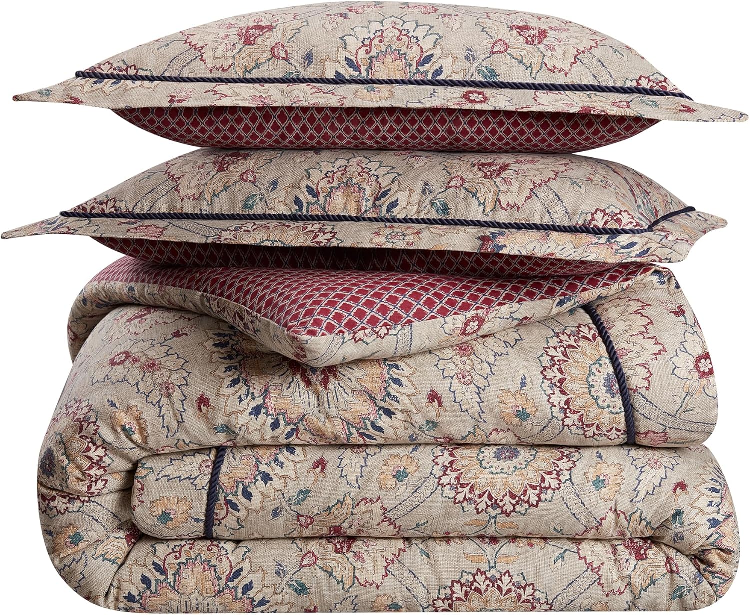 Waverly Oxford Damask 4 Piece Cotton Comforter Set, Embellished All Season Bedding, includes One Comforter, One Bed Skirt and Two Pillow Shams, Machine Washable Queen Bed Set, Beige & Maroon