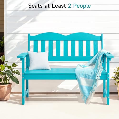 Outdoor Bench, 2-Person Poly Lumber Garden Bench with 800 lbs Weight Capacity, All-Weather Patio Bench with Armrests and Backrest for Garden, Porch, Backyard and Park, Blue