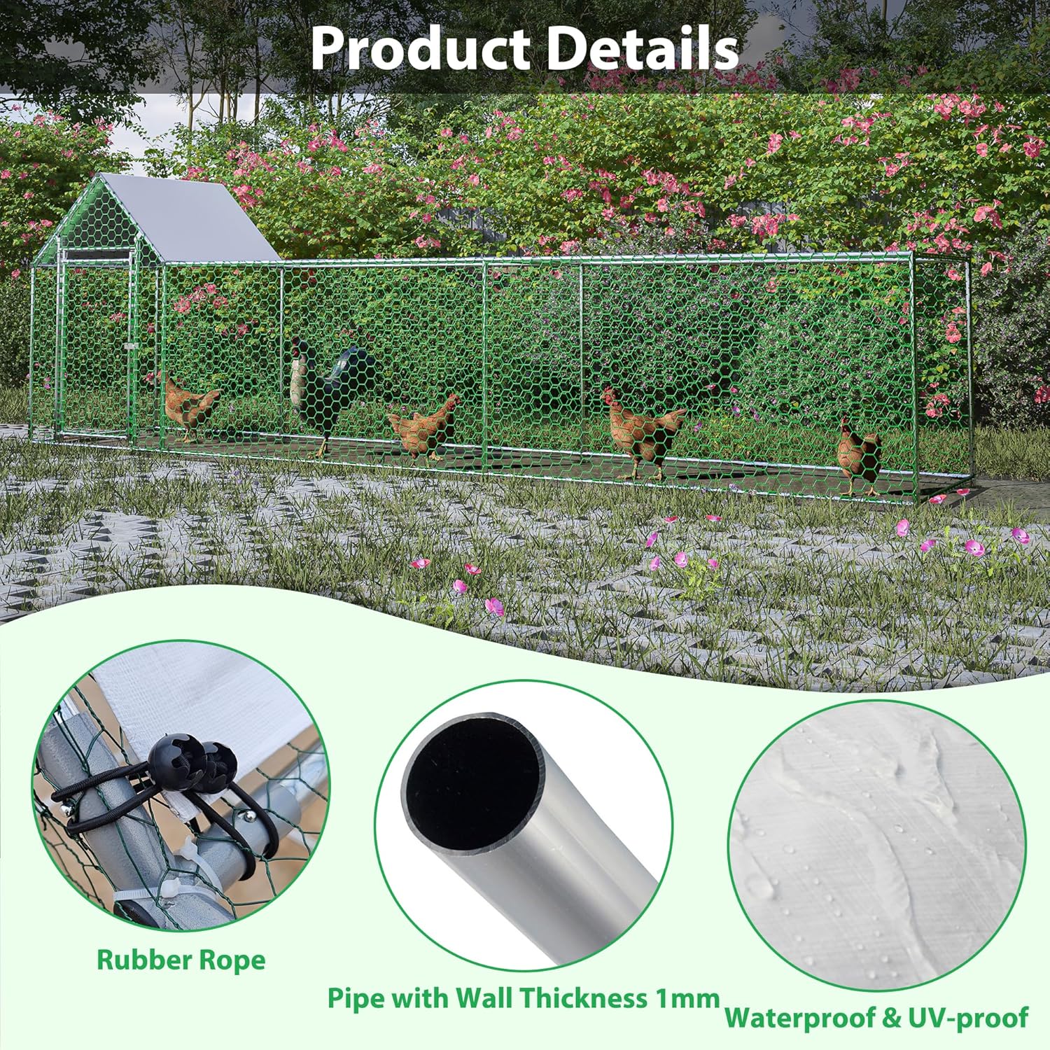Rophefx Metal Chicken Coop, Walk-in Chicken Pen, Large Chicken Run for Yard with Waterproof & Anti-UV Cover, Chicken Tractor for Outdoor, Poultry Habitat Cage for Duck Rabbit Dog (16.3’Lx3.5’Wx5’H)