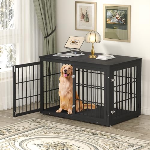48 Inch Heavy Duty Dog Crate Furniture for Large Dogs, Decorative Pet House End Table, Extra Large Wooden Cage Kennel Furniture Indoor, Natural and White
