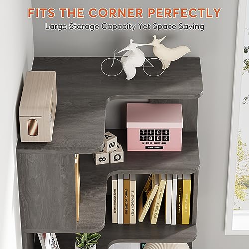 65-Inch Tall Corner Bookshelf, 6-Tier Industrial Corner Bookcase with Side Panels, Freestanding Wood Grain Corner Shelf Display Rack for Home Office, Living Room