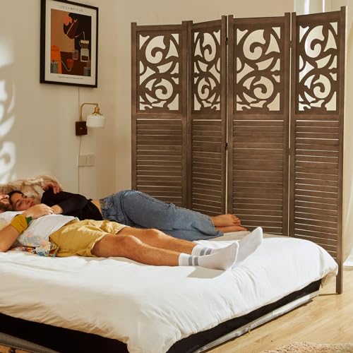 Room Divider Wood Carved Wall Divider Indoor Folding Portable Partition Screen for Home Office Garden Terrace - 6 Panel, 67 * 90inch (Dark Brown)