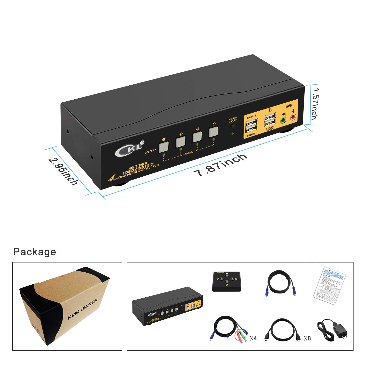 CKL 2x2 Matrix HDMI KVM Switch Dual Monitor USB 3.0 4K 60Hz, PC Monitor Keyboard Mouse Peripherals Sharing Box with Cables for 2 Computers or Laptops