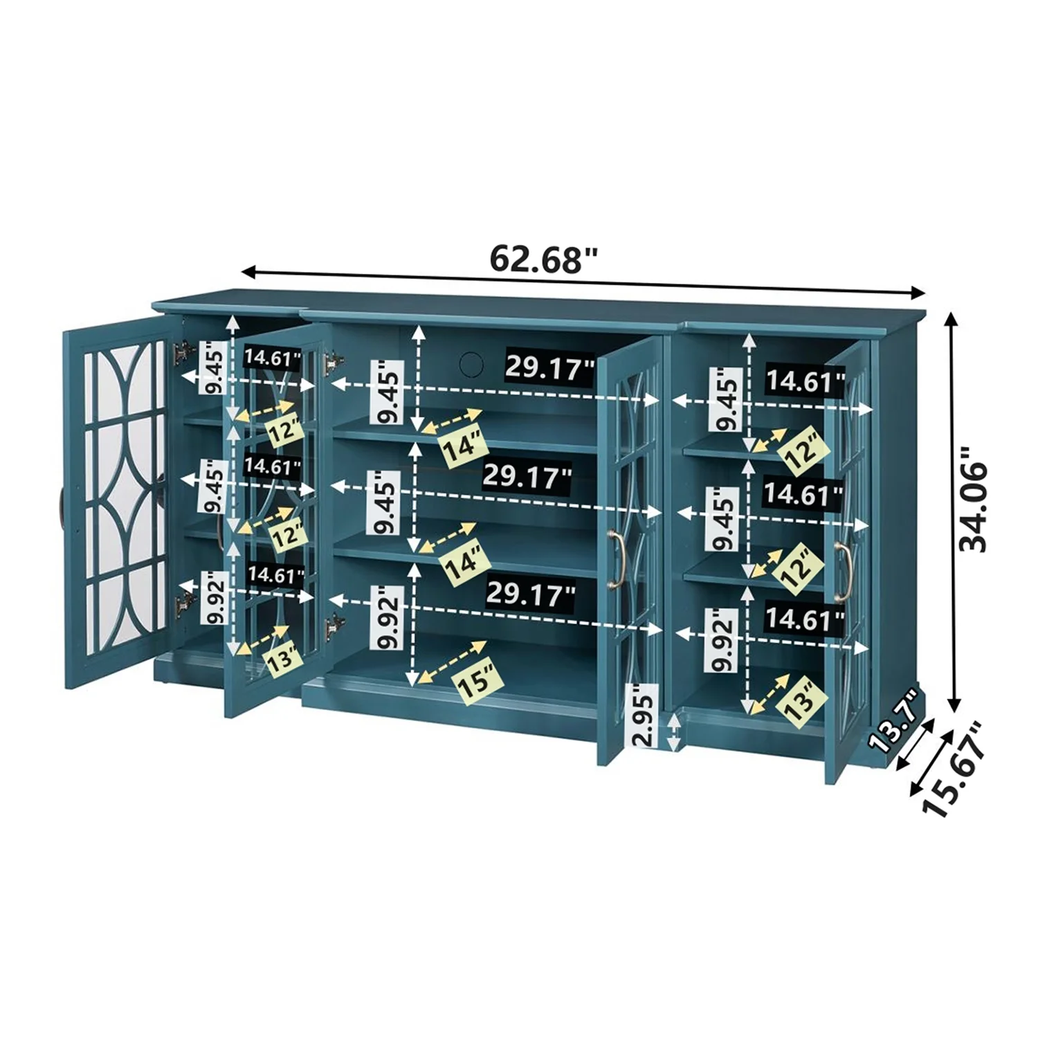 Sumdeal 63” TV Stand, Storage Buffet Cabinet, Sideboard with Glass Door and Adjustable Shelves, Console Table for Dining Living Room Cupboard, Teal Blue