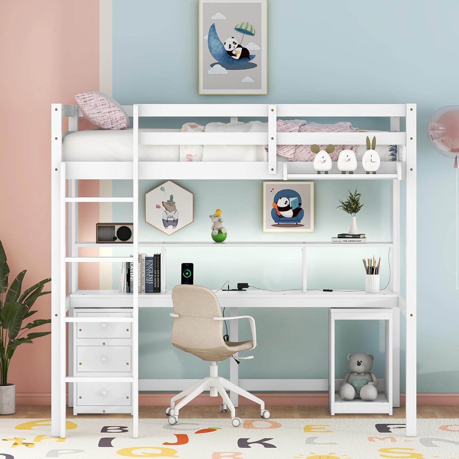 Full Size Loft Bed with Multi-Storage Desk, LED Light, Bedside Tray, Charging Station, and Wooden Frame with 3 Drawers - Perfect for Kids, Teens, Dorm Rooms, and Small Spaces, White（41.8" W）