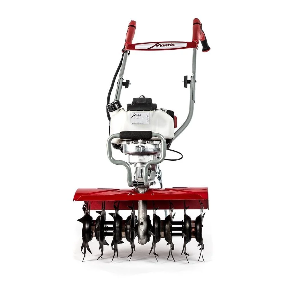 Heavy Duty Mantis Tiller and Cultivator, 4-cycle gas powered 35cc Honda Engine, Easy start, variable speed, Garden tiller, 16" width and 10" tilling depth, kickstand, model 7566a