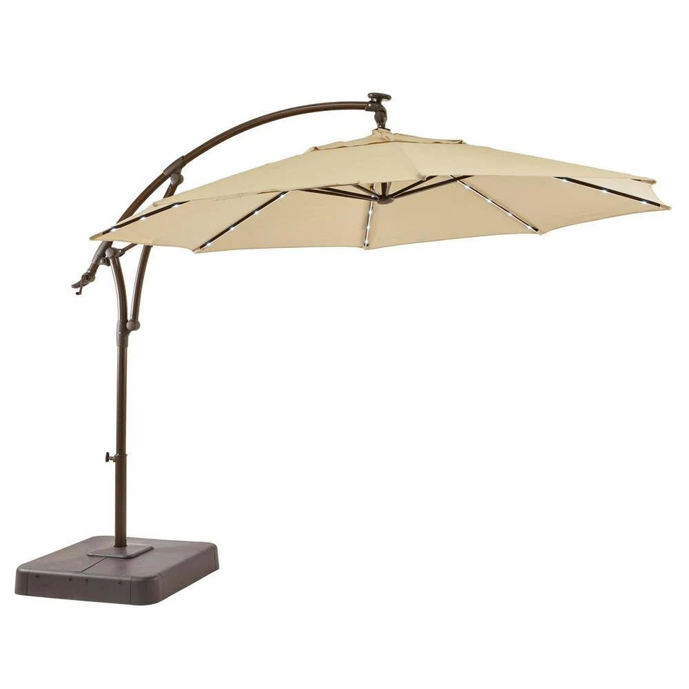 Hampton Bay 11 ft. Aluminum Cantilever Solar LED Offset Outdoor Patio Umbrella in Putty Tan