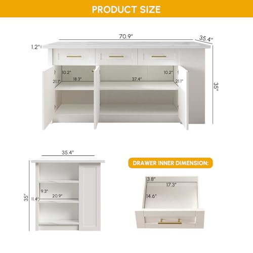 homary 72'' Kitchen Islands with Storage Modern White Kitchen Table with Seating & 3 Drawers Dining Table