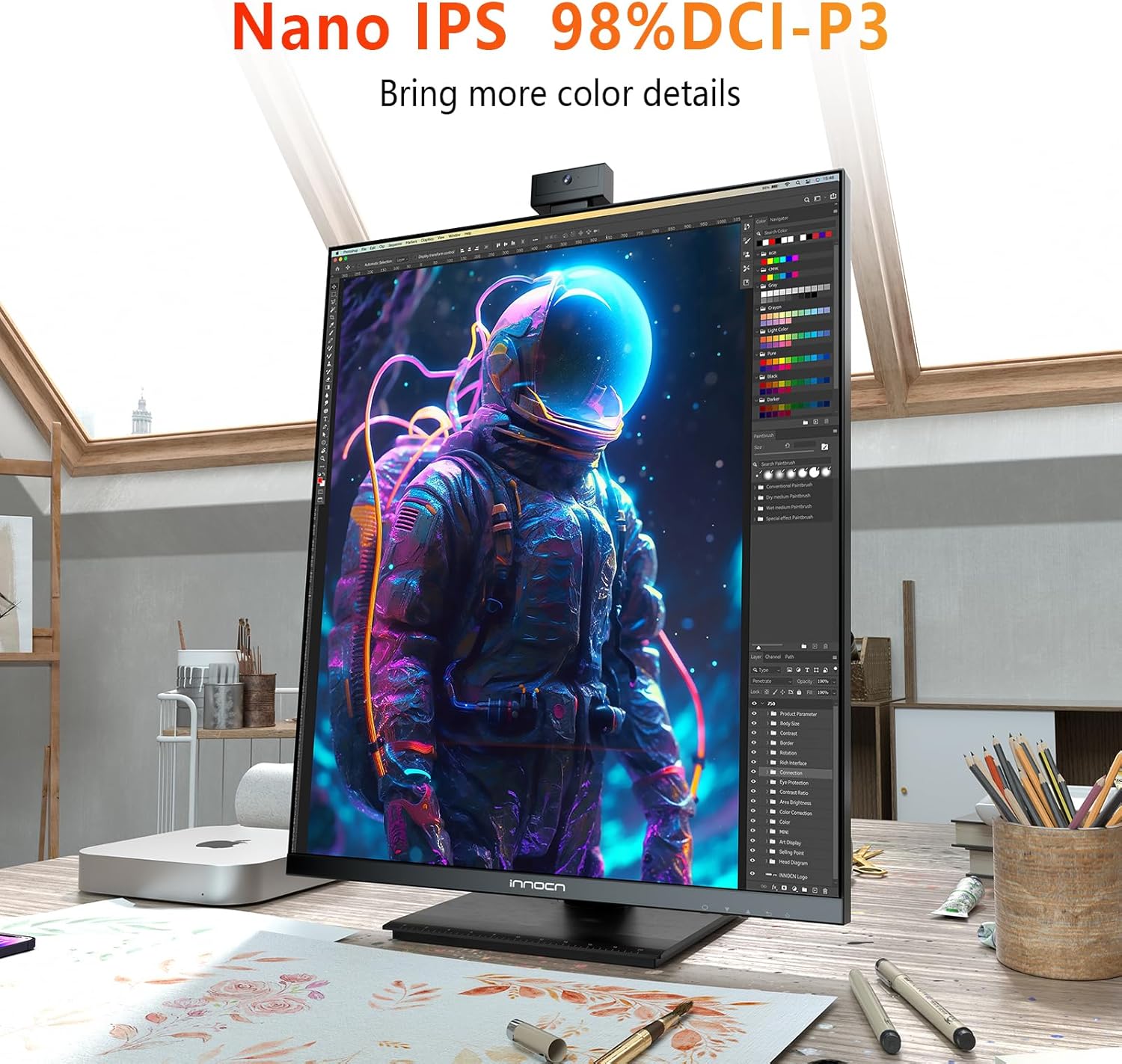 INNOCN 28 Inch 16:18 SDQHD 2560 x 2880p Computer Vertical Monitor with 2.0MP Webcam with Mic, Height/Pivot Adjustable Stand, Speakers, 98% DCI-P3, HDR 10, Black - 28C1Q