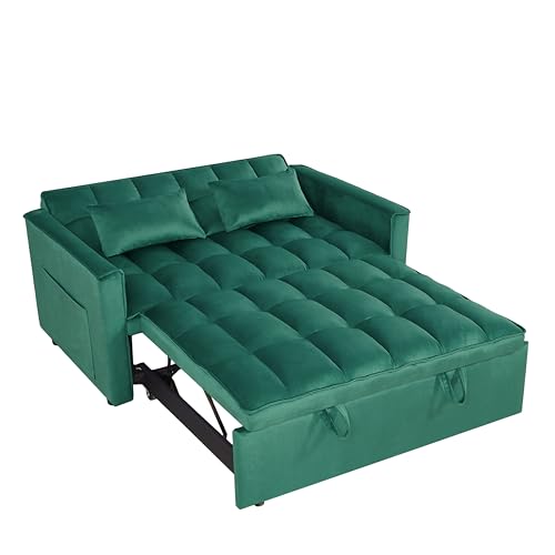 3 in 1 Convertible Sleeper Sofa Bed,Futon Loveseat Couch with Pull-Out Bed & Adjustable Backrest,Velvet Fabric Sofa with Side Pocket for Small Apartment, Living Room, Office (Black)