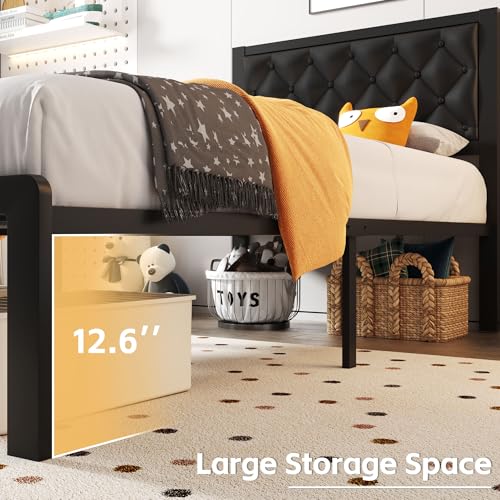 Queen Bed Frame with Headboard PU Leather Upholstered Bed Frame Platform,All Metal Slats Support Platform Bed Frame with Storage Space,Easy Assembly,Noise Free,No Box Spring Needed,Black