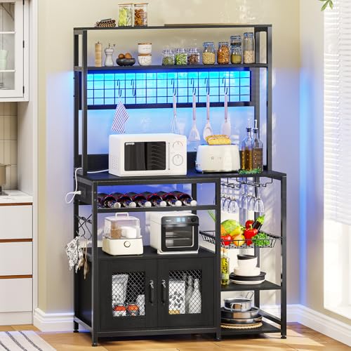 Kitchen Bakers Rack with Storage Shelves, Microwave Stand with Power Outlet and LED Light, Coffee Bar Cabinet Wire Basket Metal Grid Wine Rack Goblet Holder Hooks (Rustic Brown)