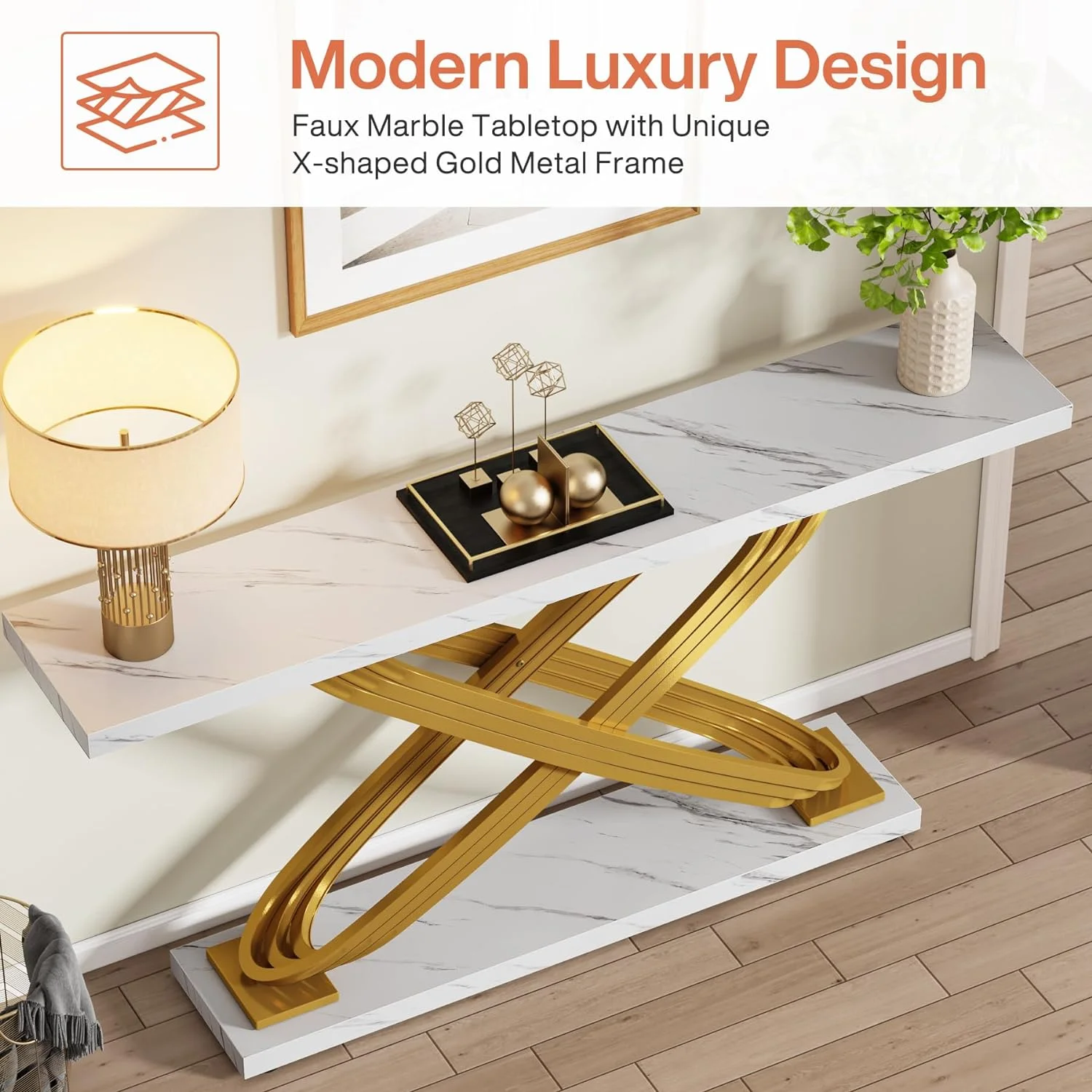 Tribesigns 55" Long Sofa Table, Modern Faux Marble Console Table Behind Sofa Couch for Entryway, Living Room, White & Gold