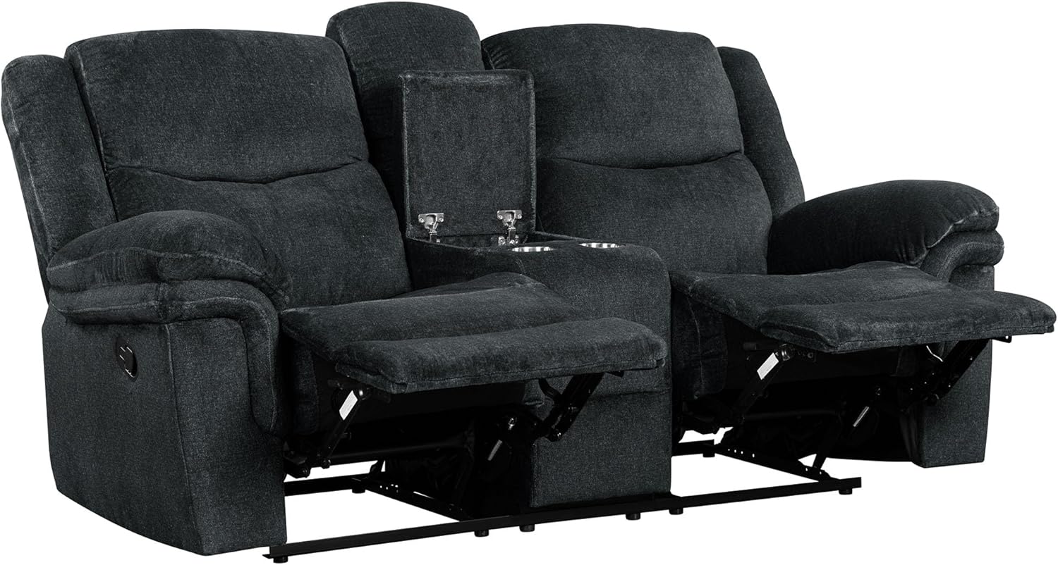 Home Theater Seating Manual Reclining Sofa with Hide-Away Storage, Cup Holders, 2 USB Ports, 2 Power Sockets for Living Room, Bedroom, Dark Blue
