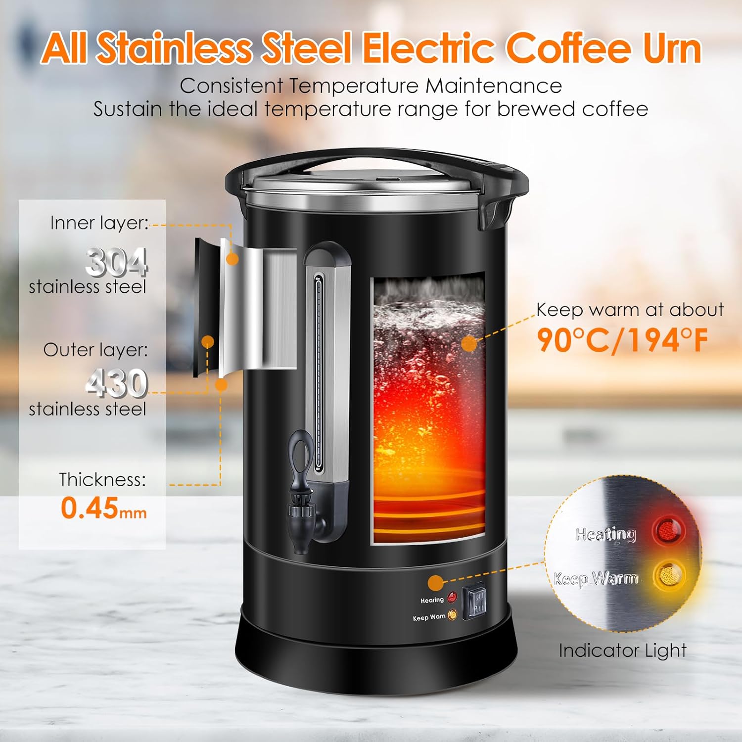 Coffee Urn 100Cups Large Coffee Dispenser 14.2L Full Stainless Steel Commercial Coffee Maker Double Wall Quick Brew Electric Beverage Dispenser Hot Water Urn-Black