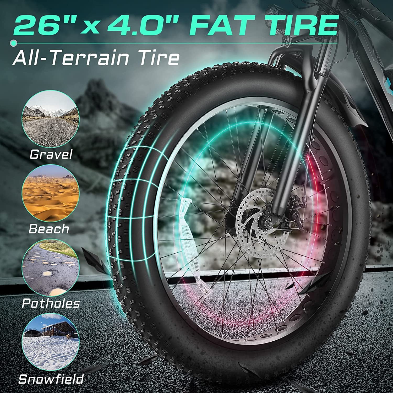 Vivi Electric Bike 26 x 4.0 Fat Tire Electric Bike 500W All Terrain Electric Bike 50 Miles Long Range Electric Mountain Bike Beach Bike Snow Bike